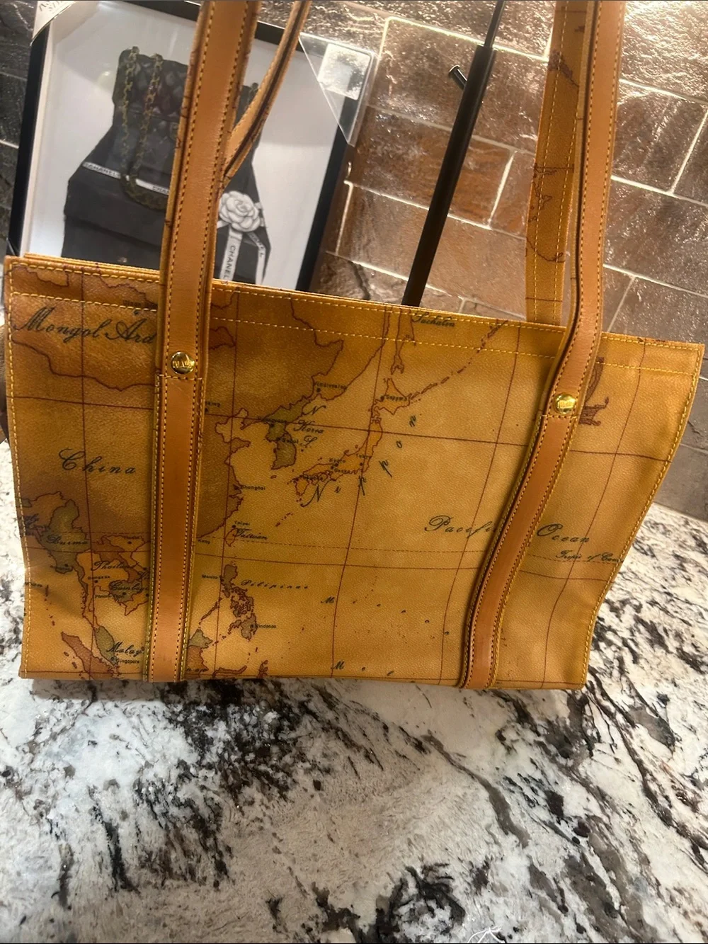Alviero Martini vtg Tan Map-Print Zip Tote Bag EUC
